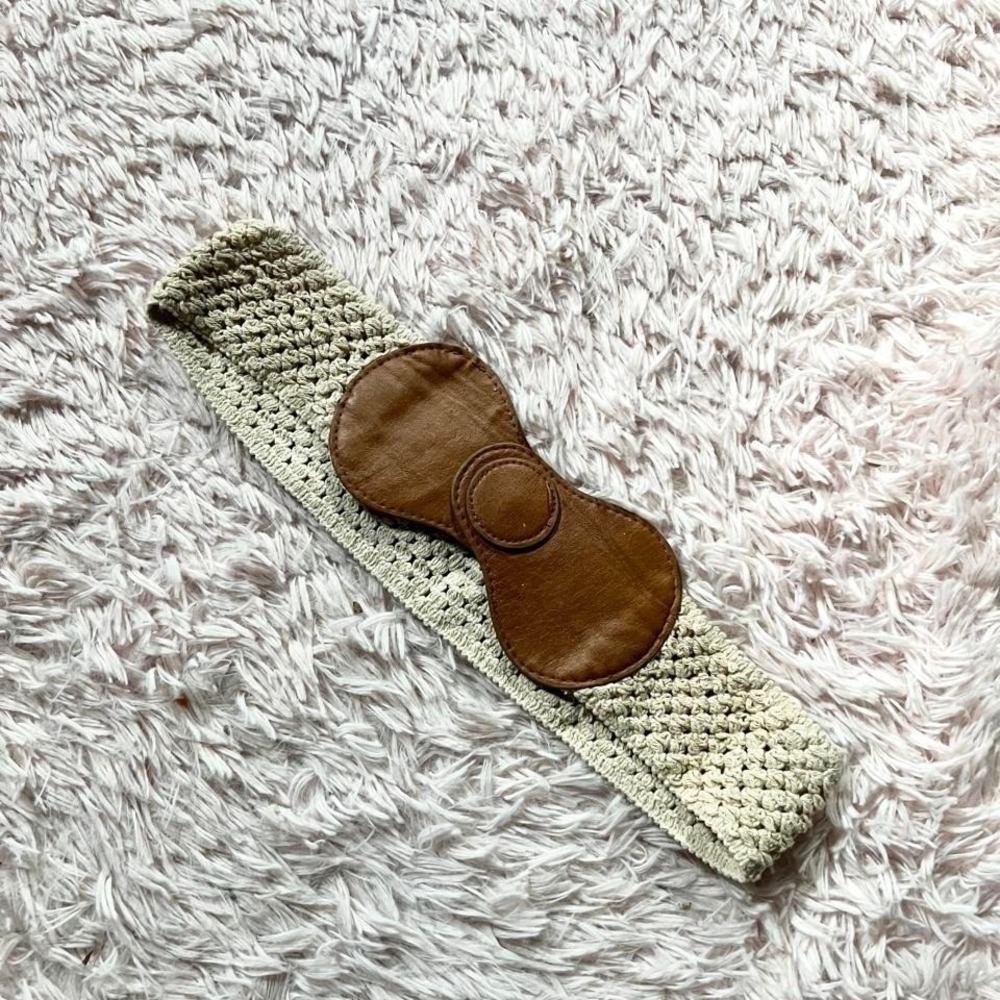 Y2K Boho Open Knit Indie Faux Leather Bow Snap Waist Belt Hippie Earthy Prairie